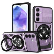 Husa pentru  Samsung Galaxy A55 TitanX HaloStand Pro cu Inel Pivotant Magnetic 360° & Kickstand, Textura Carbon, protectie lentile - Mov