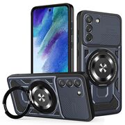 Husa pentru  Samsung Galaxy S21 FE TitanX HaloStand Pro cu Inel Pivotant Magnetic 360° & Kickstand, Textura Carbon, protectie lentile - Albastru