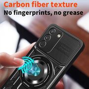 Husa pentru  Samsung Galaxy S21 FE TitanX HaloStand Pro cu Inel Pivotant Magnetic 360° & Kickstand, Textura Carbon, protectie lentile - Albastru