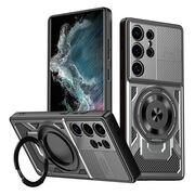 Husa pentru  Samsung Galaxy S22 Ultra 5G TitanX HaloStand Pro cu Inel Pivotant Magnetic 360° & Kickstand, Textura Carbon, protectie lentile - Gri