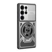 Husa pentru  Samsung Galaxy S22 Ultra 5G TitanX HaloStand Pro cu Inel Pivotant Magnetic 360° & Kickstand, Textura Carbon, protectie lentile - Gri