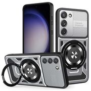 Husa pentru  Samsung Galaxy S23 TitanX HaloStand Pro cu Inel Pivotant Magnetic 360° & Kickstand, Textura Carbon, protectie lentile - Gri
