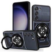 Husa pentru  Samsung Galaxy S23 TitanX HaloStand Pro cu Inel Pivotant Magnetic 360° & Kickstand, Textura Carbon, protectie lentile - Albastru