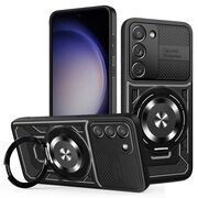 Husa pentru  Samsung Galaxy S23 TitanX HaloStand Pro cu Inel Pivotant Magnetic 360° & Kickstand, Textura Carbon, protectie lentile - Negru