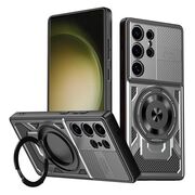Husa pentru  Samsung Galaxy S23 Ultra 5G TitanX HaloStand Pro cu Inel Pivotant Magnetic 360° & Kickstand, Textura Carbon, protectie lentile - Gri