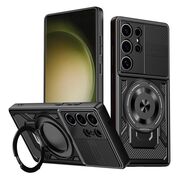Husa pentru  Samsung Galaxy S23 Ultra 5G TitanX HaloStand Pro cu Inel Pivotant Magnetic 360° & Kickstand, Textura Carbon, protectie lentile - Negru