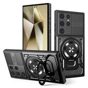 Husa pentru  Samsung Galaxy S24 Ultra TitanX HaloStand Pro cu Inel Pivotant Magnetic 360° & Kickstand, Textura Carbon, protectie lentile - Negru