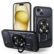 Husa pentru  iPhone 15 Plus TitanX HaloStand Pro cu Inel Pivotant Magnetic 360° & Kickstand, Textura Carbon, protectie lentile - Albastru