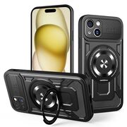 Husa pentru  iPhone 15 Plus TitanX HaloStand Pro cu Inel Pivotant Magnetic 360° & Kickstand, Textura Carbon, protectie lentile - Negru