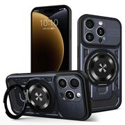 Husa pentru  iPhone 15 Pro Max TitanX HaloStand Pro cu Inel Pivotant Magnetic 360° & Kickstand, Textura Carbon, protectie lentile - Albastru