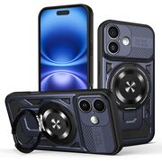 Husa pentru  iPhone 16 Plus TitanX HaloStand Pro cu Inel Pivotant Magnetic 360° & Kickstand, Textura Carbon, protectie lentile - Albastru