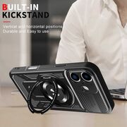 Husa pentru  iPhone 16 Plus TitanX HaloStand Pro cu Inel Pivotant Magnetic 360° & Kickstand, Textura Carbon, protectie lentile - Albastru