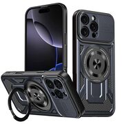 Husa pentru  iPhone 16 Pro Max TitanX HaloStand Pro cu Inel Pivotant Magnetic 360° & Kickstand, Textura Carbon, protectie lentile - Albastru