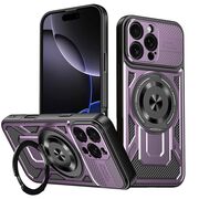 Husa pentru  iPhone 16 Pro Max TitanX HaloStand Pro cu Inel Pivotant Magnetic 360° & Kickstand, Textura Carbon, protectie lentile - Mov