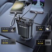 Incarcator pentru Masina USB, Type-C, Cabluri Retractabile USB-C, Lightning, USB 2.4A, PD30W, 69W, 180° - Techsuit NanoVoltX (C1) - Gri