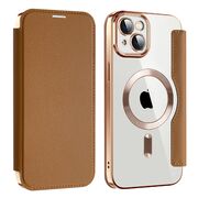 Husa pentru  iPhone 14 Plus EliteBook Executive Tip Carte cu Protectie RFID, Compatibilitate MagSafe si protectie lentile Transparent - Maro