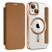 Husa pentru  iPhone 15 Plus EliteBook Executive Tip Carte cu Protectie RFID, Compatibilitate MagSafe si protectie lentile Transparent - Maro