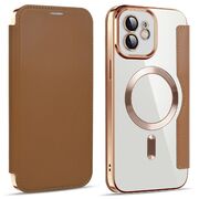 Husa pentru iPhone 12 EliteBook Executive Tip Carte cu Protectie RFID, Compatibilitate MagSafe si protectie lentile Transparent - Maro