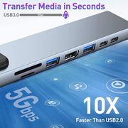 Hub adaptor HyperDock Master 8 in 1 de la USB Type-C 3.1 la 2 x USB Type-C, 2x USB, HDMI 4K@30Hz, LAN RJ45, TF / SD card, incarcare rapida PD 87W, Compatibil MacBook, Windows & Android - Gri