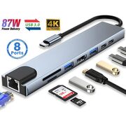 Hub adaptor HyperDock Master 8 in 1 de la USB Type-C 3.1 la 2 x USB Type-C, 2x USB, HDMI 4K@30Hz, LAN RJ45, TF / SD card, incarcare rapida PD 87W, Compatibil MacBook, Windows & Android - Gri