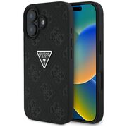 Husa pentru iPhone 16 - Guess Leather Hot Stamp 4G Pattern Triangle Metal Logo - Negru