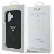 Husa pentru iPhone 16 - Guess Leather Hot Stamp 4G Pattern Triangle Metal Logo - Negru