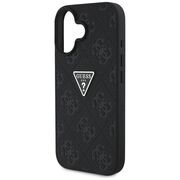 Husa pentru iPhone 16 - Guess Leather Hot Stamp 4G Pattern Triangle Metal Logo - Negru