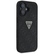 Husa pentru iPhone 16 - Guess Leather Hot Stamp 4G Pattern Triangle Metal Logo - Negru