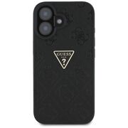 Husa pentru iPhone 16 - Guess Leather Hot Stamp 4G Pattern Triangle Metal Logo - Negru