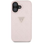 Husa pentru iPhone 16 - Guess Leather Hot Stamp 4G Pattern Triangle Metal Logo - Roz