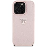 Husa pentru iPhone 16 Pro - Guess Leather Hot Stamp 4G Pattern Triangle Metal Logo - Roz