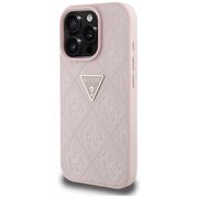 Husa pentru iPhone 16 Pro - Guess Leather Hot Stamp 4G Pattern Triangle Metal Logo - Roz