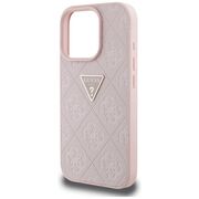 Husa pentru iPhone 16 Pro Max - Guess Leather Hot Stamp 4G Pattern Triangle Metal Logo - Roz