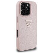 Husa pentru iPhone 16 Pro Max - Guess Leather Hot Stamp 4G Pattern Triangle Metal Logo - Roz