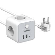 Prelungitor tip cub Tessan TS-301, comutator ON/OFF, 3 prize Shucko, 2 x USB, 1 x USB-C, cablu 1.5m, Alb
