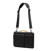 Geantă Laptop Elegantă 13”–14” cu 4 Compartimente, Curea de Umăr și Mâner – Protecție Plusată, Design Slim & Profesional – Compatibilă MacBook, Lenovo, HP, ASUS, Dell, negru / portocaliu