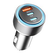 Incarcator Auto Rapid 3 in 1 PowerDrive 65W Fast Charge – 1 x USB-C PD 45W, 1 x USB-C PD 20W, 1 x USB-A QC 18W, 5V / 3A, Iluminare LED, Aluminiu - Argintiu