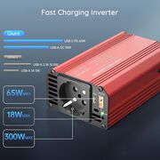 Invertor Auto 12/24 V PowerXpress 300W adaptor priza bricheta auto – 1 x Priza AC 220V, 1 xType-C PD 65W, 1 x USB-A QC3.0, Fast Charge, Racire Silentioasa, Carcasa Aluminiu - Rosu