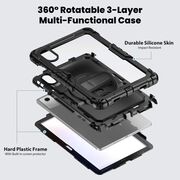 Pachet 360: Husa cu folie integrata pentru Lenovo Idea Tab 11 inch Shockproof Armor de tip stand, Rotire 360°, Suport Reglabil si Curea de Mana & Umar - negru