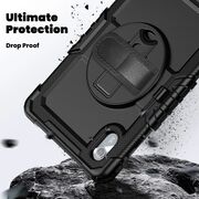 Pachet 360: Husa cu folie integrata pentru Lenovo Idea Tab 11 inch Shockproof Armor de tip stand, Rotire 360°, Suport Reglabil si Curea de Mana & Umar - negru