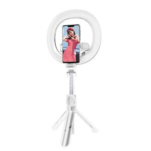 Selfie stick cu trepied, lampa circulara ring light, lumina dubla si control wireless prin telecomanda, alb