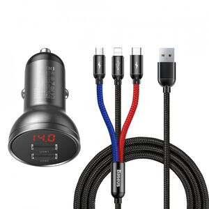 Incarcator auto Baseus Display 2xUSB + cablu 3in1 Type-C/Micro-USB/Lightning - TZCCBX-0G, negru