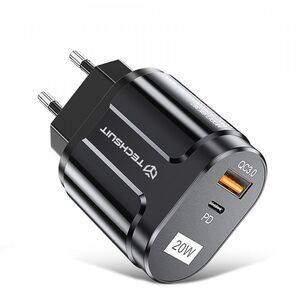 Incarcator priza qc 3.0, 20w, usb-a, usb-c, techsuit premium - negru