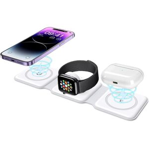 Incarcator wireless 3 in 1 pentru iPhone, Apple Watch, Airpods cu MagSafe 15W, pliabil, alb