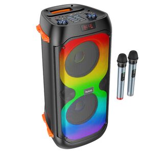 Boxa karaoke cu 2 microfoane wireless Hoco BS53, Bluetooth V5.1, SD Card, USB, AUX, FM, 40W, 3600mAh lumini RGB, negru
