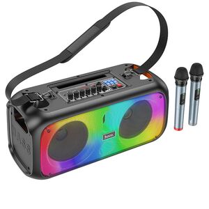 Boxa wireless karaoke cu 2 microfoane wireless Hoco BS54, Bluetooth 5.1, SD Card, USB, AUX, FM, RGB Lights, 30W, negru