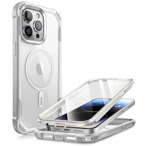 Pachet 360: Husa cu folie integrata iPhone 15 Pro Max i-Blason Ares MagSafe, alb