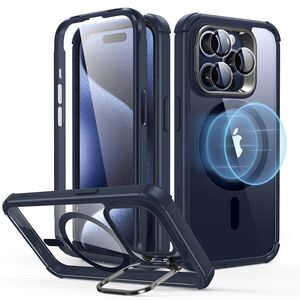 Pachet 360: Husa cu folie integrata iPhone 15 Pro Max cu MagSafe ESR Full Body Shock Armor Kickstand HaloLock - clear dark blue