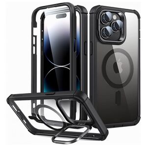 Pachet 360: Husa cu folie integrata iPhone 14 Pro Max cu MagSafe ESR Full Body Shock Armor Kickstand HaloLock, negru/transparenta