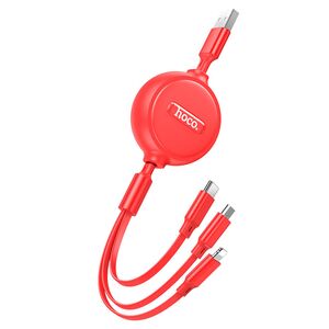 Cablu 3 in 1 Usb-A la USB type-c, lightning, micro-usb, retractabil, 2A, 1m - rosu